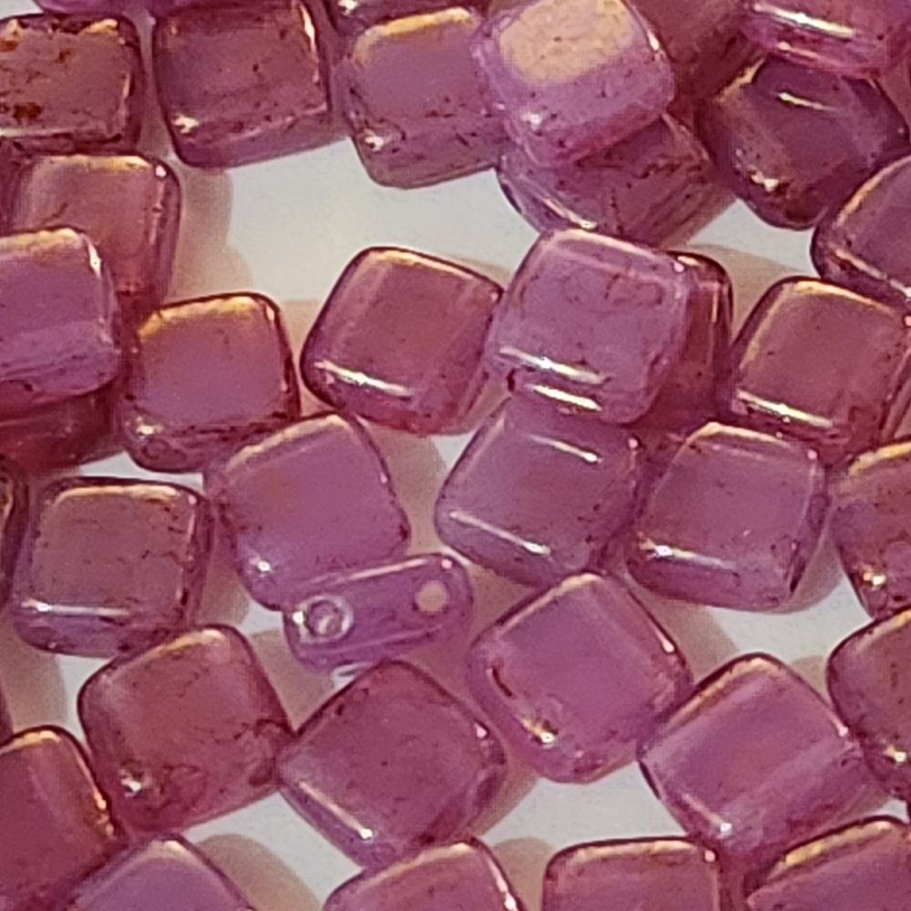 Czech glass square Tile beads 6mm pink topaz milky alexandrite 150 beads - Picture 4 of 6